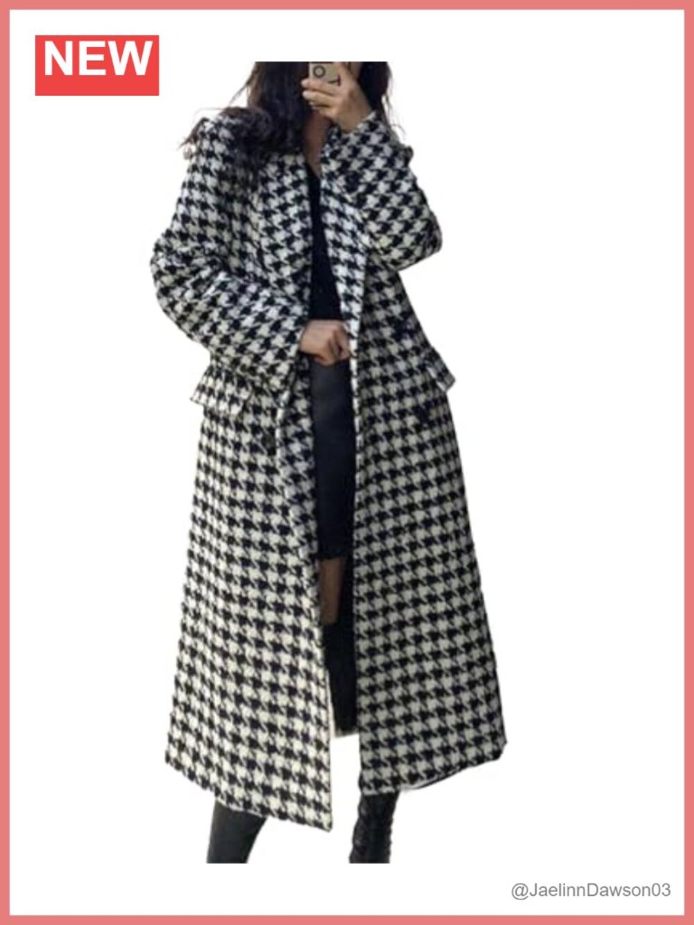 Women's Houndstooth Double Breasted Wool Blend Trench Coat Quilted Lined